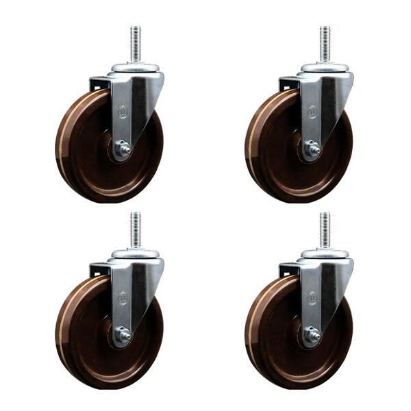5 Inch High Temp Phenolic Wheel Swivel 34 Inch Threaded Stem Caster Set